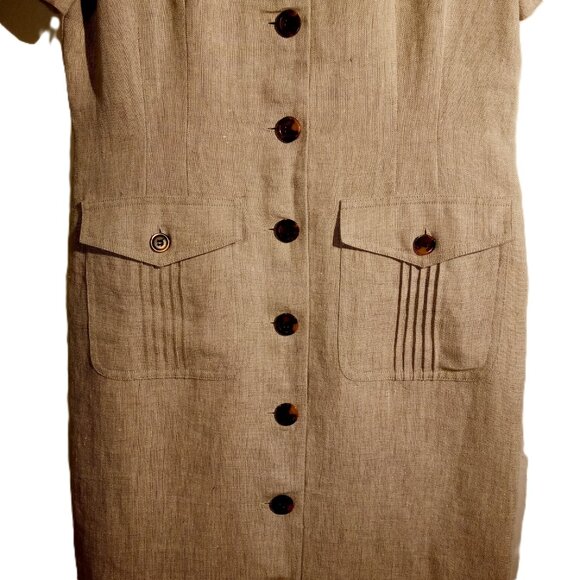Women's LINEN Dress sz 10 Tan Button-front Short-sleeve Vintage 90's MIDI - Picture 3 of 12